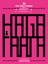 Część plakatu - na ciemno różowym tle czarny napis "Haga" w języku polskim i ukraińskim.