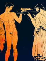 Grafika przedstawiająca dwóch mężczyzn, jeden nagi, drugi w szatach z czasów antycznych. Mężczyźni stoją naprzeciw siebie z wymierzoną w siebie nawzajem bronią.