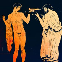 Grafika przedstawiająca dwóch mężczyzn, jeden nagi, drugi w szatach z czasów antycznych. Mężczyźni stoją naprzeciw siebie z wymierzoną w siebie nawzajem bronią.