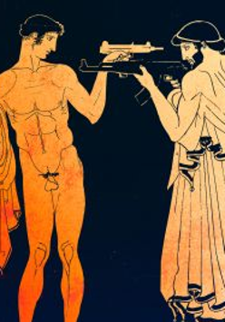 Grafika przedstawiająca dwóch mężczyzn, jeden nagi, drugi w szatach z czasów antycznych. Mężczyźni stoją naprzeciw siebie z wymierzoną w siebie nawzajem bronią.