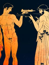 Grafika przedstawiająca dwóch mężczyzn, jeden nagi, drugi w szatach z czasów antycznych. Mężczyźni stoją naprzeciw siebie z wymierzoną w siebie nawzajem bronią.