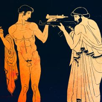 Grafika przedstawiająca dwóch mężczyzn, jeden nagi, drugi w szatach z czasów antycznych. Mężczyźni stoją naprzeciw siebie z wymierzoną w siebie nawzajem bronią.
