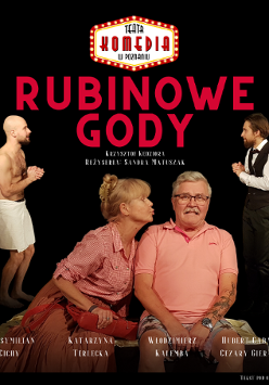 Pośrodku siedzą mężczyzna i kobieta. Kobieta pochyla się w stronę mężczyzny chcąc go pocałować. Za nimi po obu stronach stoi dwóch mężczyzn. Na plakacie również informacje o spektaklu.