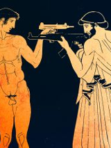 Grafika przedstawiająca dwóch mężczyzn, jeden nagi, drugi w szatach z czasów antycznych. Mężczyźni stoją naprzeciw siebie z wymierzoną w siebie nawzajem bronią.
