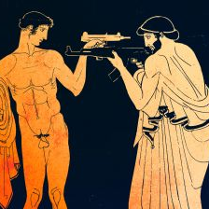 Grafika przedstawiająca dwóch mężczyzn, jeden nagi, drugi w szatach z czasów antycznych. Mężczyźni stoją naprzeciw siebie z wymierzoną w siebie nawzajem bronią.