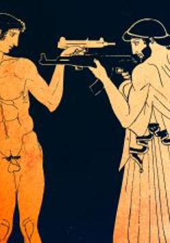 Grafika przedstawiająca dwóch mężczyzn, jeden nagi, drugi w szatach z czasów antycznych. Mężczyźni stoją naprzeciw siebie z wymierzoną w siebie nawzajem bronią.