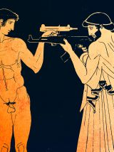 Grafika przedstawiająca dwóch mężczyzn, jeden nagi, drugi w szatach z czasów antycznych. Mężczyźni stoją naprzeciw siebie z wymierzoną w siebie nawzajem bronią.