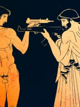 Grafika przedstawiająca dwóch mężczyzn, jeden nagi, drugi w szatach z czasów antycznych. Mężczyźni stoją naprzeciw siebie z wymierzoną w siebie nawzajem bronią.