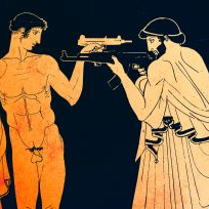 Grafika przedstawiająca dwóch mężczyzn, jeden nagi, drugi w szatach z czasów antycznych. Mężczyźni stoją naprzeciw siebie z wymierzoną w siebie nawzajem bronią.