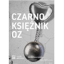 Na szarym, popękanym tle srebrna szara kula połączona łańcuchem ze srebrnym balonem w kształcie serca. Biały napis z tytułem przedstawienia.