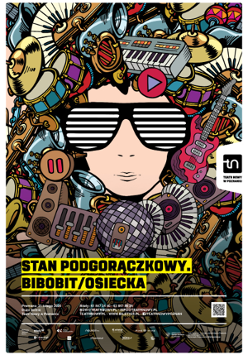 Kolorowy plakat - rysunek twarzy w okularach w czarno-białe paski, wśród różnych instrumentów muzycznych. Na dole plakatu tytuł spektaklu.