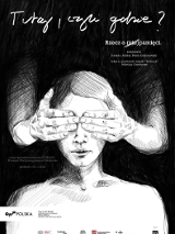 Czarno-biały rysunek kobiety, której osoba stojąca za nią zasłania dłońmi oczy.