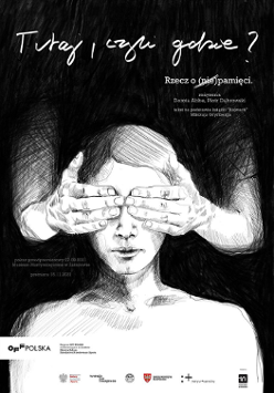 Czarno-biały rysunek kobiety, której osoba stojąca za nią zasłania dłońmi oczy.