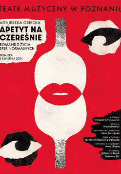 Na czerwonym tle rysunek dwóch butelek połączonych rysunkiem czerwonych ust. Po bokach plakatu informacje na temat spektaklu.