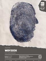 Plakat z rysunkiem twarzy z profilu. Rysunek twarzy wypełniony jest licznymi, cienkimi liniami przypominającymi odcisk palca. Na dole plakatu informacje na temat spektaklu.