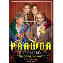 Na zdjęciu czwórka aktorów: dwóch mężczyzn stoi z przodu, za nimi i trochę powyżej stoją dwie kobiety. Wszyscy roześmiani. W rękach trzymają rakiety do gry w tenisa i piłki tenisowe. W dolnej części plakatu informacje o spektaklu.