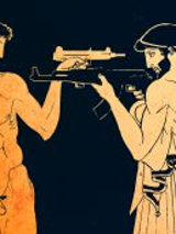 Grafika przedstawiająca dwóch mężczyzn, jeden nagi, drugi w szatach z czasów antycznych. Mężczyźni stoją naprzeciw siebie z wymierzoną w siebie nawzajem bronią.