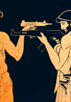 Grafika przedstawiająca dwóch mężczyzn, jeden nagi, drugi w szatach z czasów antycznych. Mężczyźni stoją naprzeciw siebie z wymierzoną w siebie nawzajem bronią.