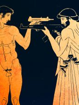 Grafika przedstawiająca dwóch mężczyzn, jeden nagi, drugi w szatach z czasów antycznych. Mężczyźni stoją naprzeciw siebie z wymierzoną w siebie nawzajem bronią.