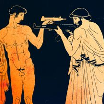 Grafika przedstawiająca dwóch mężczyzn, jeden nagi, drugi w szatach z czasów antycznych. Mężczyźni stoją naprzeciw siebie z wymierzoną w siebie nawzajem bronią.