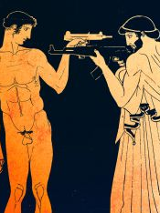 Grafika przedstawiająca dwóch mężczyzn, jeden nagi, drugi w szatach z czasów antycznych. Mężczyźni stoją naprzeciw siebie z wymierzoną w siebie nawzajem bronią.