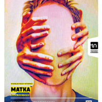 Plakat z rysunkiem twarzy bez oczu, ust i nosa, którą obejmują cztery dłonie. U dołu plakatu informacje o spektaklu.