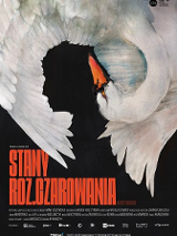 Na czarnym tle rysunek łabędzia z wygiętą szyją i rozpostartmi piórami; ułożenie łabędzia tworzy profil ludzkiej głowy. U dołu informacje na temat spektaklu.