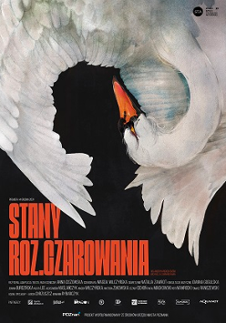 Na czarnym tle rysunek łabędzia z wygiętą szyją i rozpostartmi piórami; ułożenie łabędzia tworzy profil ludzkiej głowy. U dołu informacje na temat spektaklu.