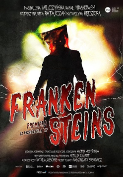 Czarna postać ze świecącymi oczami na tle jasnej plamy. U dołu plakatu czerwony napis - tytuł spektaklu.