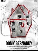 Rsunek domu czerwoną kreską, wypełniony szarym kolorem z kilkoma zdjęciami oczu w formie okien. Na dole plakatu informacje o wydarzeniu.