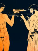 Grafika przedstawiająca dwóch mężczyzn, jeden nagi, drugi w szatach z czasów antycznych. Mężczyźni stoją naprzeciw siebie z wymierzoną w siebie nawzajem bronią.