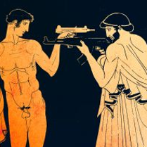 Grafika przedstawiająca dwóch mężczyzn, jeden nagi, drugi w szatach z czasów antycznych. Mężczyźni stoją naprzeciw siebie z wymierzoną w siebie nawzajem bronią.