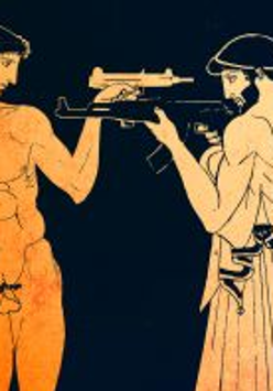 Grafika przedstawiająca dwóch mężczyzn, jeden nagi, drugi w szatach z czasów antycznych. Mężczyźni stoją naprzeciw siebie z wymierzoną w siebie nawzajem bronią.