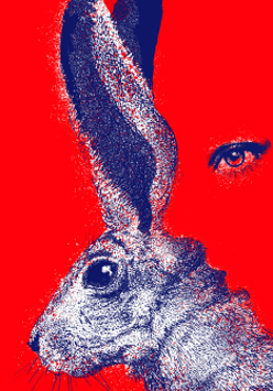 Rysunek królika w kolorze niebiesko-fioletowym. Czerwone tło, które częściowo jest zarysem profilu twarzy z jednym okiem. U góry i z lewej strony plakatu informacje o spektaklu.