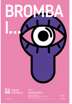 Na różowym tle fioletowy kształt dziurki od klucza a w nim rysunek oka. Na plakacie również informacje o spektaklu.
