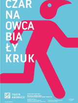 Schematyczny rysunek postaci w ruchu w czerwonym kolorze na niebieskim tle. Z lewej strony biały napis - tytuł spektaklu.
