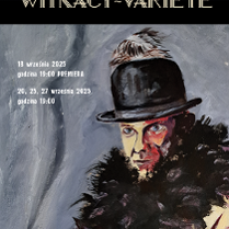 Rysunek przedstawiający twarz mężczyzny. Mężczyzna ma na głowie melonik i futrzany kołnierz wokół szyi. Z lewej strony informacje o spektaklach.
