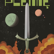 Na ciemnym tle rysunek miecza, w tle dwie planety i napis "Plemię", u dolu plakatu żółto-pomarańczowo-czerwone plamy.