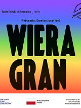 Różnokolorowe poziome, przenikające się pasy, na nich czarny napis "Wiera Gran".