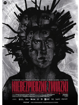 Na biało-szarym tle widoczne ciemne, nakładające się na siebie twarze. W dolnej części plakatu informacje o spektaklu.