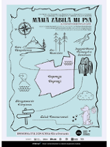 Plakat wyglądajacy jak okładka książki. Na nim, na jasnym niebieskozielonym tle, narysowane różne miejsca wraz z opisami sugerującymi smutek, depresję, na przykład: las beznadziei. Pośrodku na białym tle napis Depresja depresji.