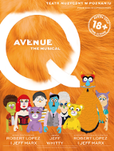 Kolorowy plakat z rysunkami róznych postaci, tło przypominając pomarańczowe futro oraz tytuł spektaklu - w dużej literze Q napis "avenue the musical".