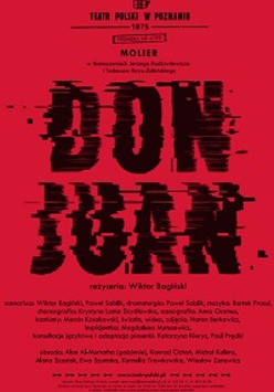 Na czerwonum tle czarny niewyraźny tytuł i informacje o spektaklu.