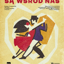 Rysunek pary w tańcu, jasne tło. U góry i dołu plakatu informacje na temat spektaklu i logotypy.