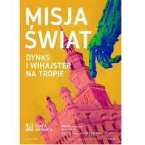 Na ciemnożółtym tle widoczny budynek ratusza w kolorze ciemnoróżowym pochylony w lewą stronę, nad nim dłoń robota. Na plakacie również informacje o spektaklu: tytuł, autorzy.