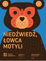 na niebieskim tle rysunek uśmiechniętego brązowego pluszowego misia