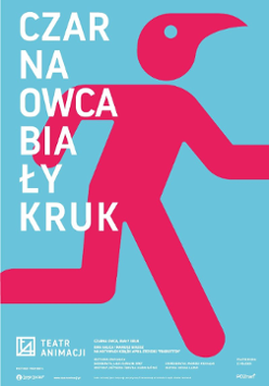 Schematyczny rysunek postaci w ruchu w czerwonym kolorze na niebieskim tle. Z lewej strony biały napis - tytuł spektaklu.