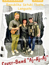 Kobieta i dwóch mężczyzn; mężczyżni trzymają instrumenty muzyczne - jeden z nich akordeon, drugi - ukulele. U góry i dołu plakatu informacje na temat wydarzenia.