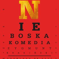 Na czerwonym tle tytuł spektaklu napisany literami różnej wielkości, największa pierwsza litera "n" jest złotego koloru.