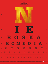 Na czerwonym tle tytuł spektaklu napisany literami różnej wielkości, największa pierwsza litera "n" jest złotego koloru.